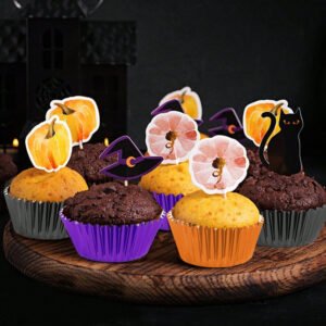 300 Pcs Halloween Foil Cupcake Liners Black Purple Orange Foil Metallic Cupcake Wrappers Muffin Liners For Halloween Party Supplies Table Decor