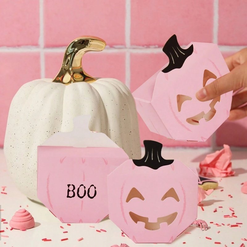 20 PcsPink Halloween Gift Boxes Pumpkin Shaped Treat Boxes Square Favor Wrapping Boxes Halloween Party Favor Supplies For Indoor Home Holiday Party Thanksgiving Decorations - Image 5