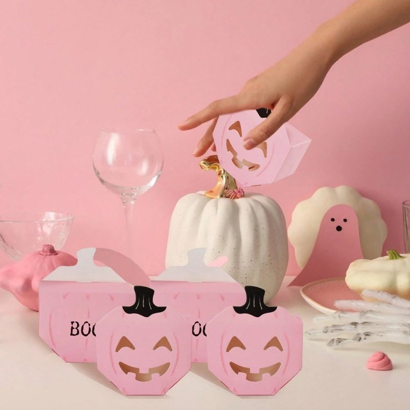 20 PcsPink Halloween Gift Boxes Pumpkin Shaped Treat Boxes Square Favor Wrapping Boxes Halloween Party Favor Supplies For Indoor Home Holiday Party Thanksgiving Decorations - Image 4