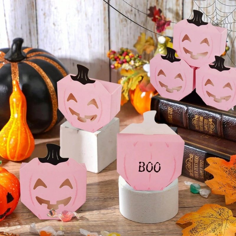 20 PcsPink Halloween Gift Boxes Pumpkin Shaped Treat Boxes Square Favor Wrapping Boxes Halloween Party Favor Supplies For Indoor Home Holiday Party Thanksgiving Decorations - Image 8