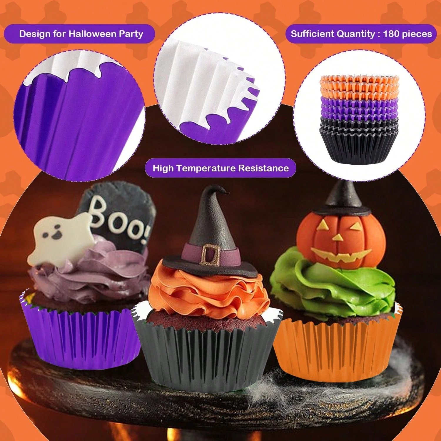 300 Pcs Halloween Foil Cupcake Liners Black Purple Orange Foil Metallic Cupcake Wrappers Muffin Liners For Halloween Party Supplies Table Decor - Image 3