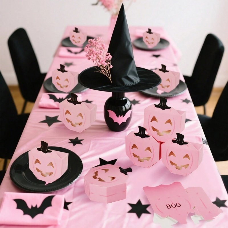 20 PcsPink Halloween Gift Boxes Pumpkin Shaped Treat Boxes Square Favor Wrapping Boxes Halloween Party Favor Supplies For Indoor Home Holiday Party Thanksgiving Decorations - Image 3