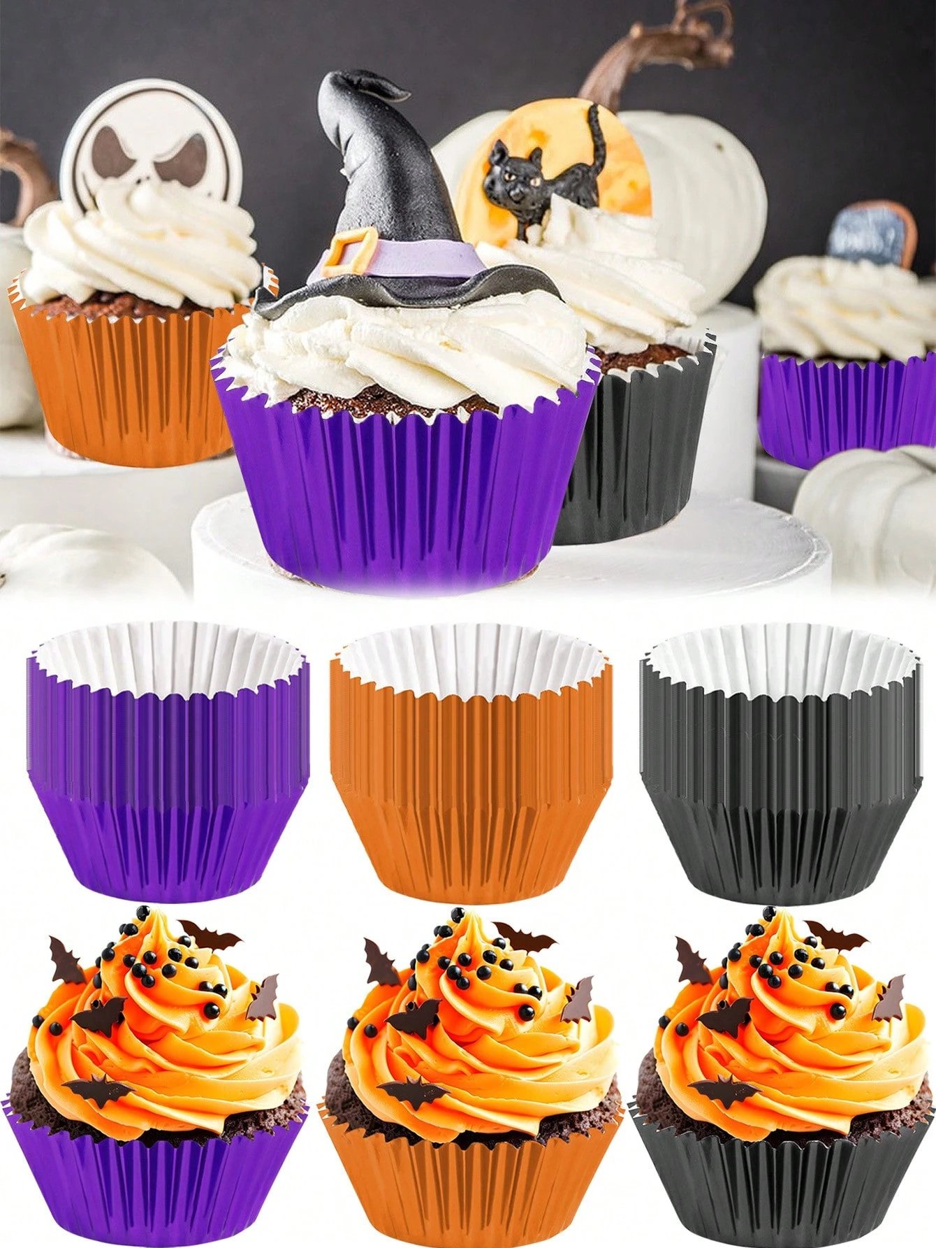 300 Pcs Halloween Foil Cupcake Liners Black Purple Orange Foil Metallic Cupcake Wrappers Muffin Liners For Halloween Party Supplies Table Decor - Image 6