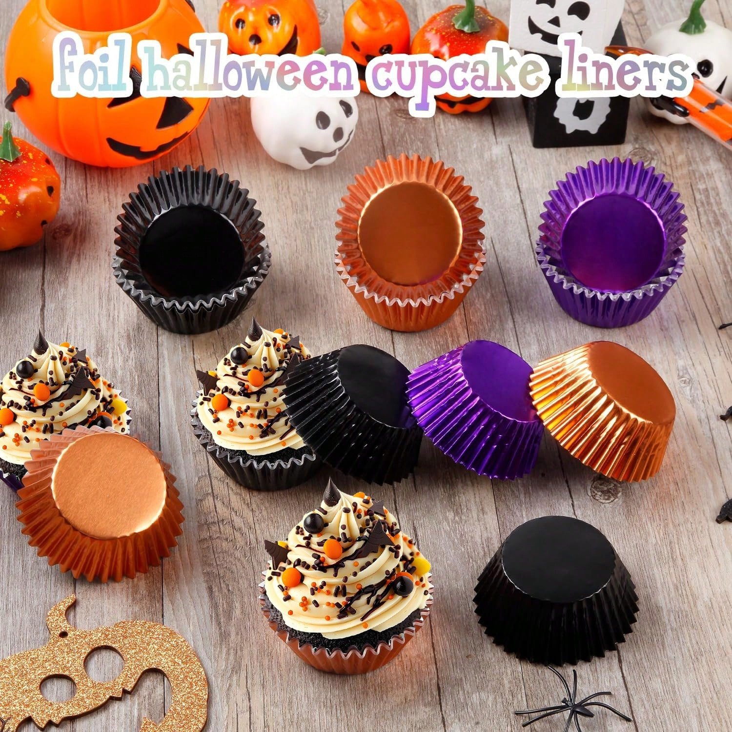 300 Pcs Halloween Foil Cupcake Liners Black Purple Orange Foil Metallic Cupcake Wrappers Muffin Liners For Halloween Party Supplies Table Decor - Image 8