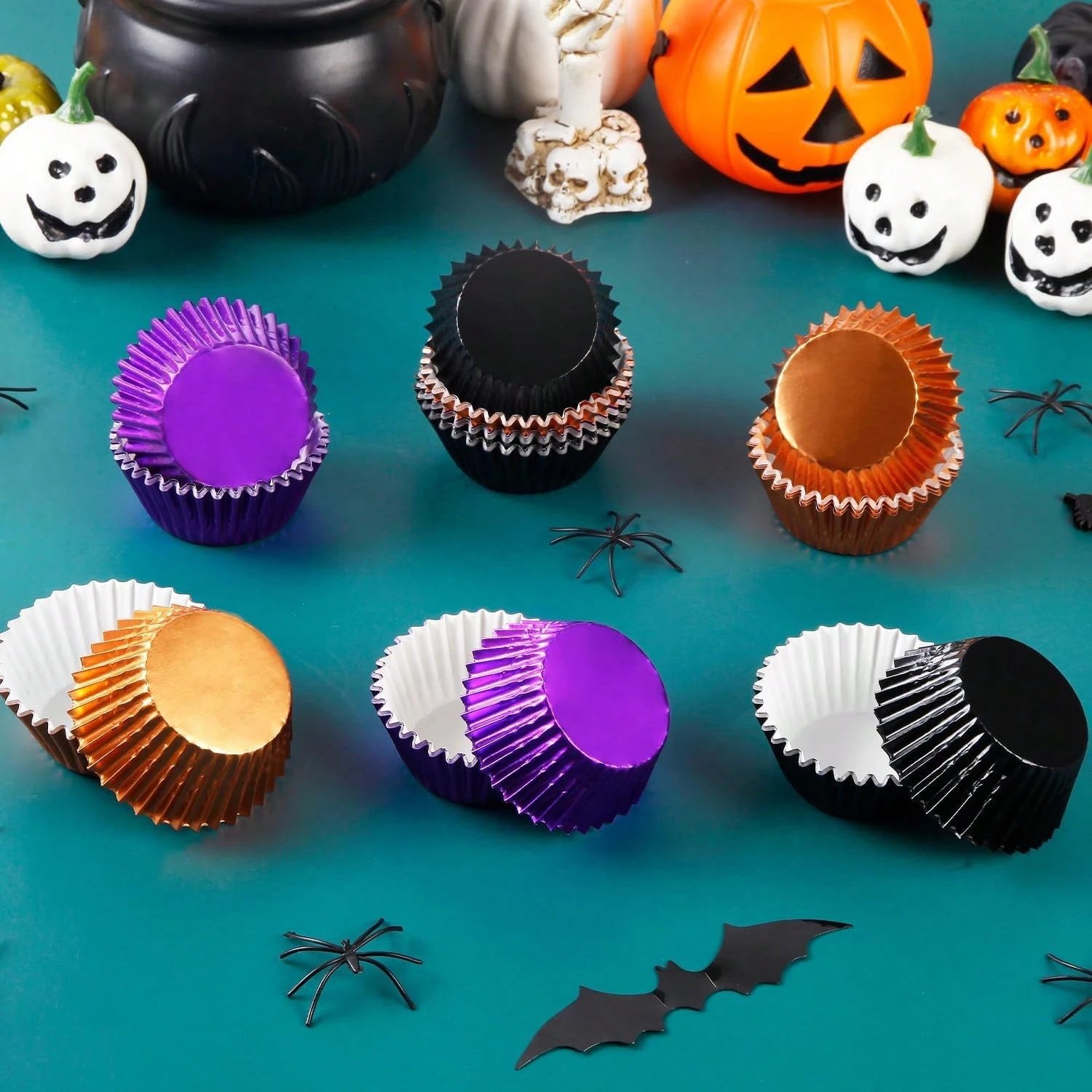 300 Pcs Halloween Foil Cupcake Liners Black Purple Orange Foil Metallic Cupcake Wrappers Muffin Liners For Halloween Party Supplies Table Decor - Image 2