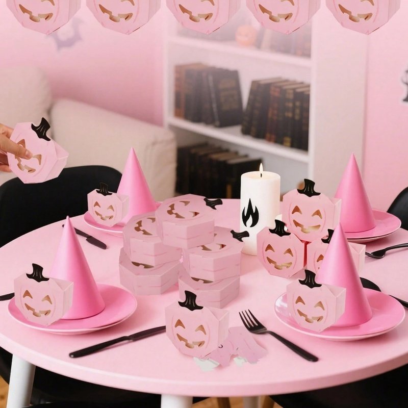 20 PcsPink Halloween Gift Boxes Pumpkin Shaped Treat Boxes Square Favor Wrapping Boxes Halloween Party Favor Supplies For Indoor Home Holiday Party Thanksgiving Decorations - Image 2